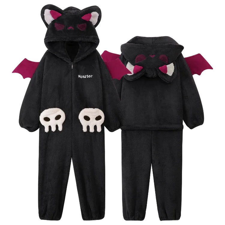 Cartoon Devil Pajamas Couples Women Men Onesie Sleepwear Winter Thicken Hooded Loungewear Coral Fleece Homewear Pijama Disfraz