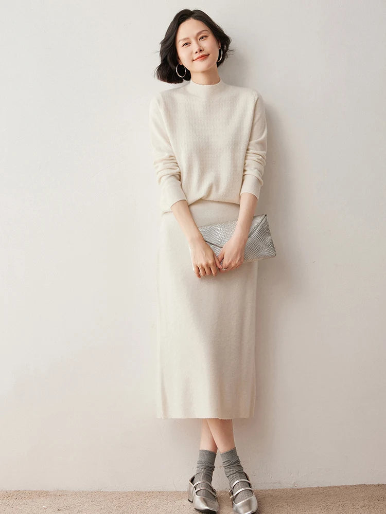 Women's 100% Cashmere Skirts Office Lady Autumn Winter Basic Fit Knitted High Waist Straight Skirt Graceful Long Warm Soft Dress PlatiNum