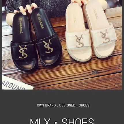 2025 Summer New Women's Fashion Letter Designer Sandals Casual Thick Bottom Round Toe Leather Beach Shoes Женские Сандалии PlatiNum