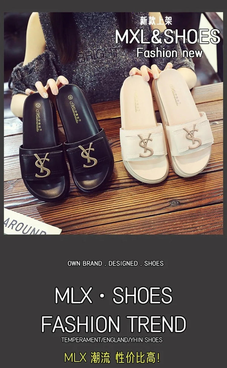 2025 Summer New Women's Fashion Letter Designer Sandals Casual Thick Bottom Round Toe Leather Beach Shoes Женские Сандалии PlatiNum