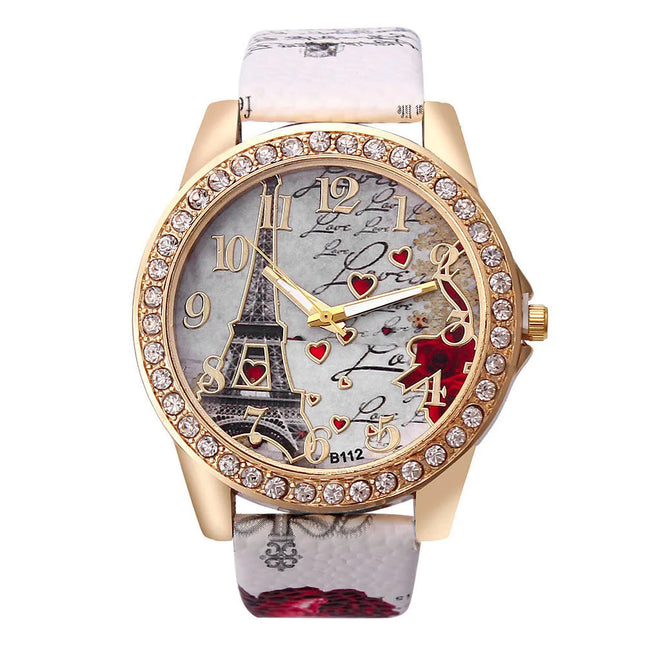 Orologio al quarzo in pelle PU da donna alla moda con strass Torre Eiffel platinumshop