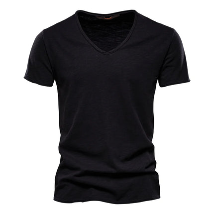 Men's 100% Cotton Branded Quality T-shirt V-Neck Fashion Design Slim Fit Solid Men's T-shirt Top Tees Short Sleeve T-shirt for Men