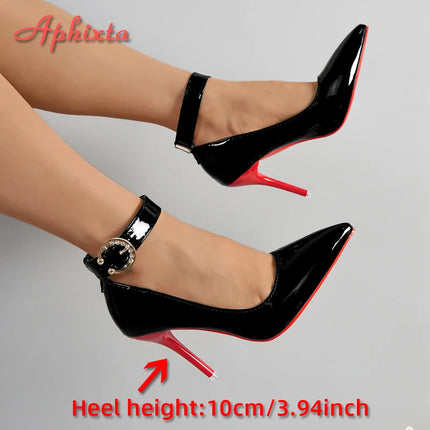 Aphixta Cintura in metallo con fibbia Cinturino Pimp Rosso Nero 10 cm Tacchi a spillo Décolleté Scarpe da festa da donna Rivetti Punta a punta Taglia 51 52 53