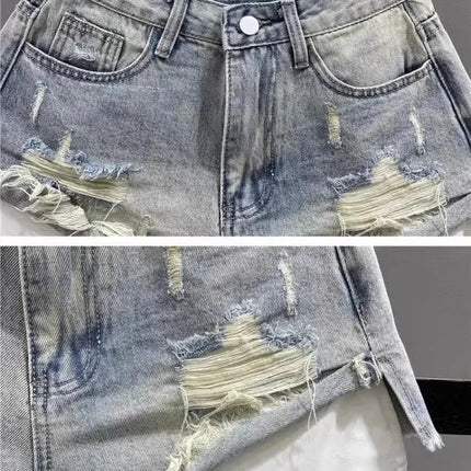 Tassel Piercing Denim Shorts for Women 2026 Summer New Style Spicy Girl High Waist Show Thin A-line Wide Leg Cowboy Short Pants PlatiNum