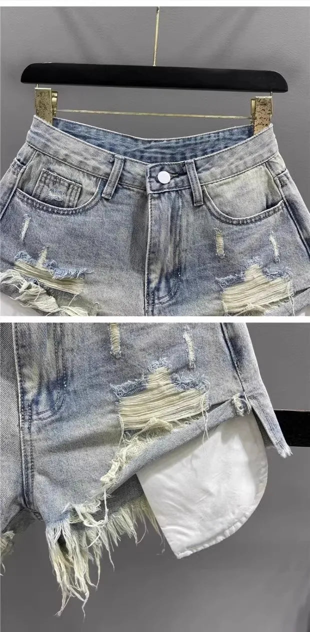 Tassel Piercing Denim Shorts for Women 2026 Summer New Style Spicy Girl High Waist Show Thin A-line Wide Leg Cowboy Short Pants PlatiNum