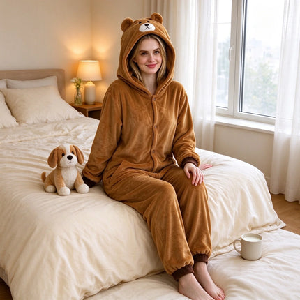 Onesie Brown Bear Cartoon jumpsuit pajamas flannel animal shaped home wear party cosplay cosplay costume Brown Bear