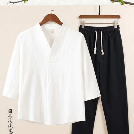 Set da due pezzi da uomo in cotone di lino confortevole (camicie + pantaloni) stile cinese retrò a maniche corte da uomo casual vestito di linguetta pantaloni Kungfu