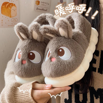 Chaussons d'intérieur en peluche chaude d'hiver en fourrure de lapin panda de dessin animé, pantoufles plates moelleuses thermiques amusantes pour femmes