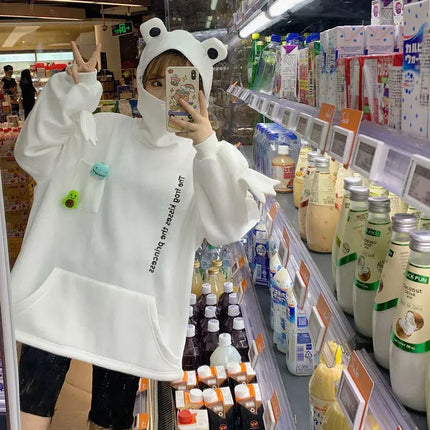 Y2K Autumn Winter Unisex Cartoon Frog Fleece Hoodies Loverly Zipper Loose Warm Sweatshirt Full Sleeve Harajuku Hooded Jackets