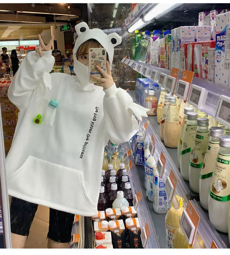 Y2K Autumn Winter Unisex Cartoon Frog Fleece Hoodies Loverly Zipper Loose Warm Sweatshirt Full Sleeve Harajuku Hooded Jackets