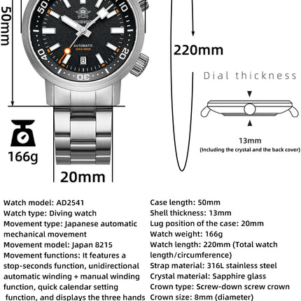 ADDIESDIVE Watch Men 42mm Sapphire 8215 Mechanical Wristwatch Transparent Back Cover 20Bar Waterproof Luminous Automatic Watch