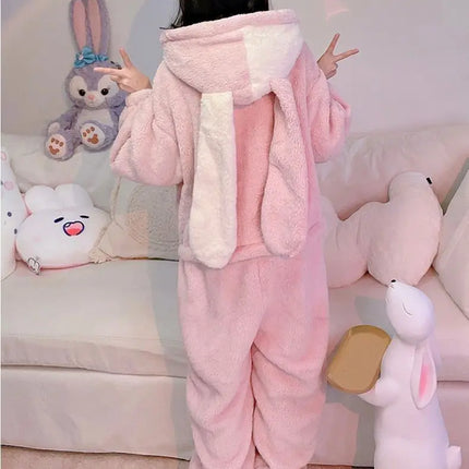 Coral Velvet Onesies Women Cute Rabbit Kigurumi Unicorn Preppy Cartoon Hooded Kawaii Thicker Winter Warm Cotton Pajamas Homewear