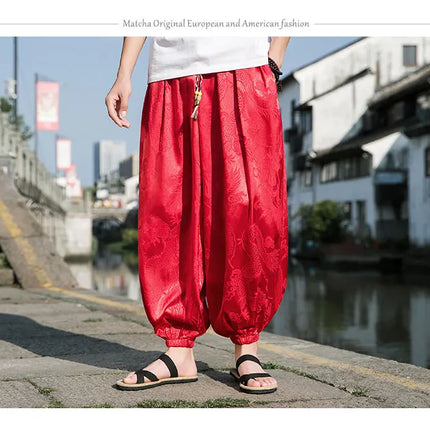 Vendite calde Pantaloni Da Uomo 2024 Nuovo Drago di Seta del Ghiaccio Fiore Scuro Bloomers Moda Allentata Gamba Larga Casual di Alta Qualità Pantaloni Maschili di Marca