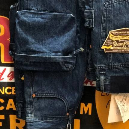 Multi Pockets Heavyweight Cotton Denim Dark Blue Men Pants American Tough Guys Male Overalls Straight Workwear Cargo Trousers