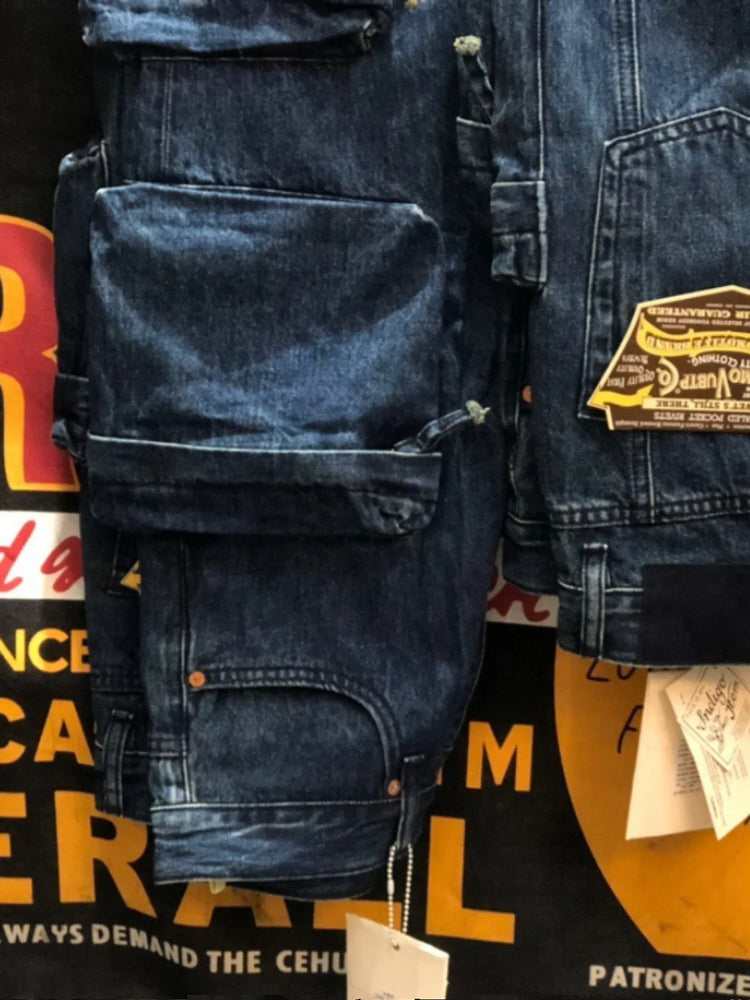 Multi Pockets Heavyweight Cotton Denim Dark Blue Men Pants American Tough Guys Male Overalls Straight Workwear Cargo Trousers