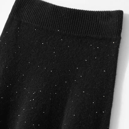 Chic Women Sweater Suite Skirt 100% Cashmere A-Line Skirt Autumn Winter Wave Skirt Elastic Knee Length Dress Sequins French Knit PlatiNum