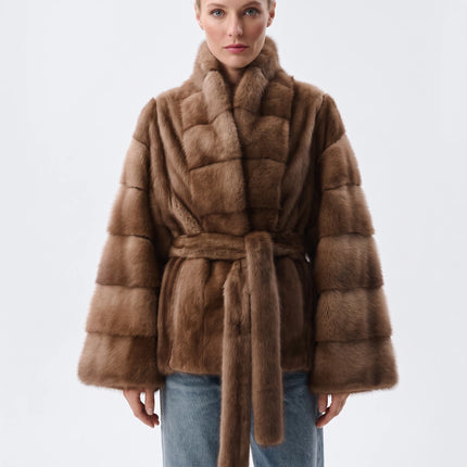 IG 2026 Women Stand Collar Belted Waist Faux Mink Fur Jacket Loose Long Sleeve Luxury Elegant Winter Party Daily Outer Coat