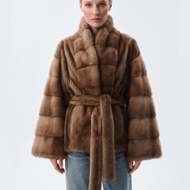 IG 2026 Women Stand Collar Belted Waist Faux Mink Fur Jacket Loose Long Sleeve Luxury Elegant Winter Party Daily Outer Coat