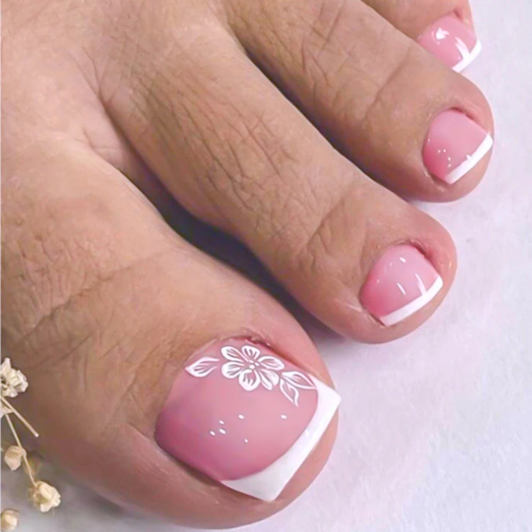 24pcs French Flower Fake Toenails Short Square White Border Press On Nail Tips With 1Jelly Stickers Full Coverage False Nail Tip