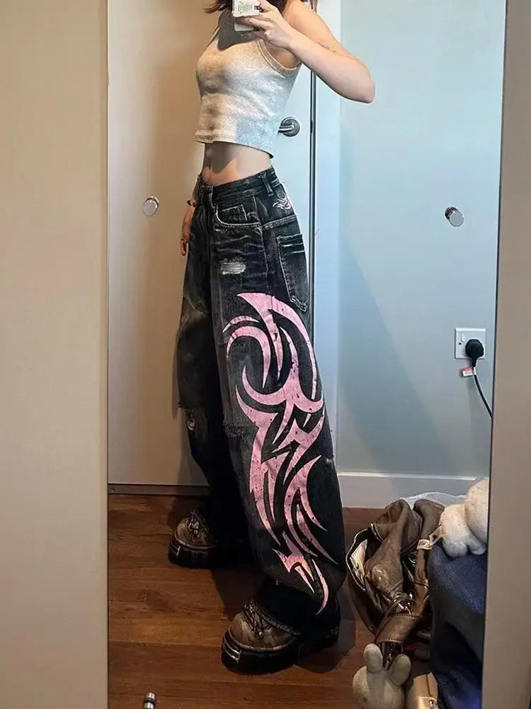 Y2K Street Retro Jeans Donna Pantaloni larghi con stampa totem screziati Moda Hip Hop Trend Coppia allentata Pantaloni larghi a gamba larga dritti americani
