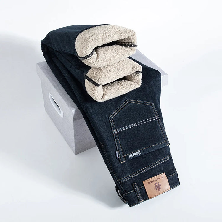 Soft Comfort Thicken Elastic Jeans Male Winter Warm Fleece Work Trousers Men Plush Wool Stretch Loose Straight Denim Pants
