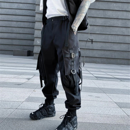 Hip Hop Tactical Cargo Pants Men Multi Pocket Ribbon Design Joggers Trousers 2023 Spring Functional Elastic Waist Pant Black
