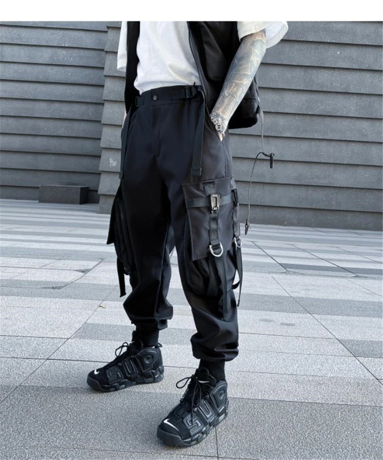 Hip Hop Tactical Cargo Pants Men Multi Pocket Ribbon Design Joggers Trousers 2023 Spring Functional Elastic Waist Pant Black