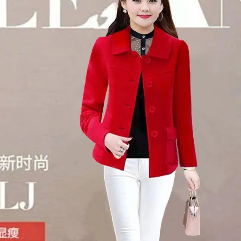 2024Solid Color Wool Blends Jacket Women Spring Autumn Korean Self Cultivation Fashion Women Woolen Coat Ladies Clothes Overcoat