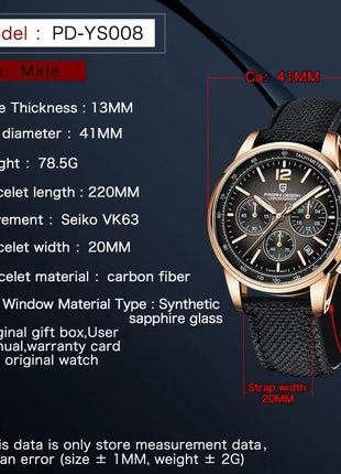 Orologio al Quarzo da Uomo Pagani Design VK63, 41MM, Vetro Zaffiro, Impermeabile 10 Bar, Sportivo, Reloj Hombre