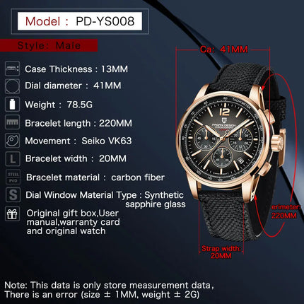 Orologio al Quarzo da Uomo Pagani Design VK63, 41MM, Vetro Zaffiro, Impermeabile 10 Bar, Sportivo, Reloj Hombre