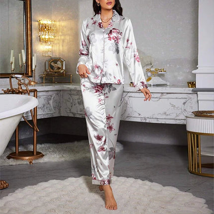 Pigiama da donna con stampa floreale color block, maniche lunghe e pantaloni in raso per un sonno confortevole, morbido pigiama e pigiama da notte