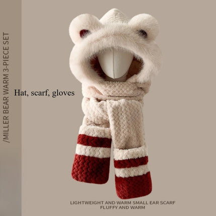 Three-in-one hat Winter Women's Plus  Bear Hat Scarf Gloves One-piece Hooded Cute Warm Plush Three-piece Suit To Prevent Cold