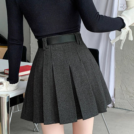 Vintage Winter Pleated Mini Skirt Women Streetwear High Waist Woolen Cute Skater Skirts With Shorts Belt Grey Black Skirt Woman PlatiNum