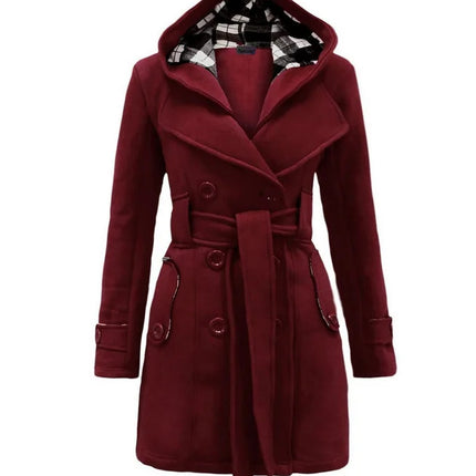 2026 Autumn Women's Hooded Overcoat Trend Double-Breasted Design Belt Side Pockets Plaid Splice Woolen Coats Winter Jacket Femme