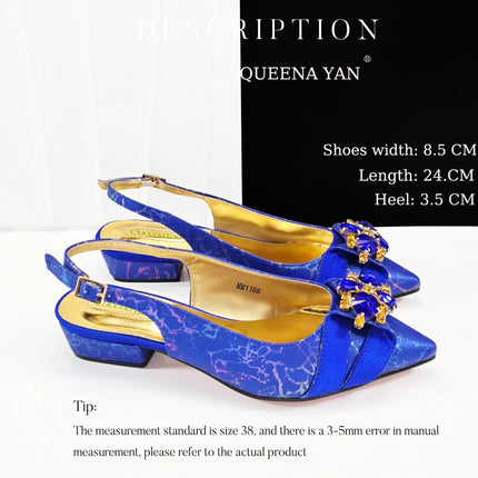 Queena Yan Elegante set di borse con strass a punta blu e tacco basso per calzature e accessori per feste di matrimonio di lusso da donna