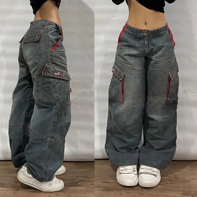 Street Vintage Jeans New Y2K Harajuku Wash Blue Multiple pockets Baggy Jeans Denim Pants Mens Womens High Waist Wide Trousers PlatiNum