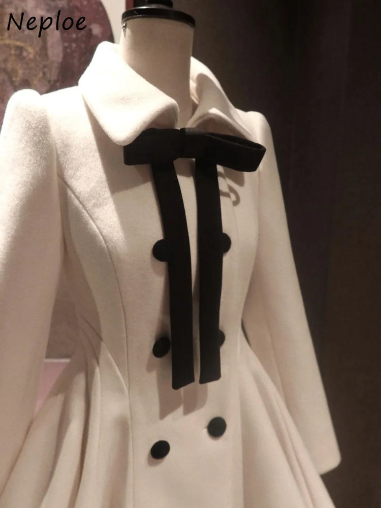 Neploe Hepburn Celebrity Elegant Bow Coat Woolen Slim Waist Luxury Small Fragrance Blends New A-line Pleated Ball Gown Jackets