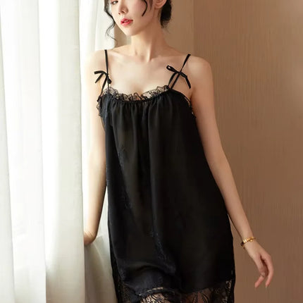 Camicia da Notte Sexy in Pizzo da Donna, Abito Sottoveste in Raso con Spalline Sottili, Chemise Senza Schienale, Babydoll, Lingerie Estiva Calda per la Casa