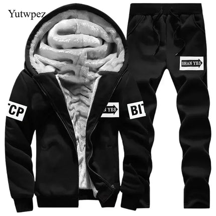 M-6XL Men's Winter 2 Piece Tracksuit Set, Thickened Warm Hooded Coat & Sweater, Outdoor Hiking Cycling Camping Running Outerwear