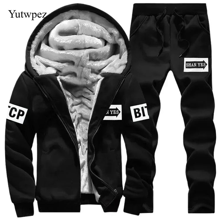 M-6XL Men's Winter 2 Piece Tracksuit Set, Thickened Warm Hooded Coat & Sweater, Outdoor Hiking Cycling Camping Running Outerwear