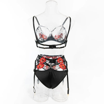 Krasapt Luxury Floral Embroidery Lingerie 2Pcs Sets Sensual Mesh See Through Bra And Panty Garter Erotic Suits Delicate Bilizna