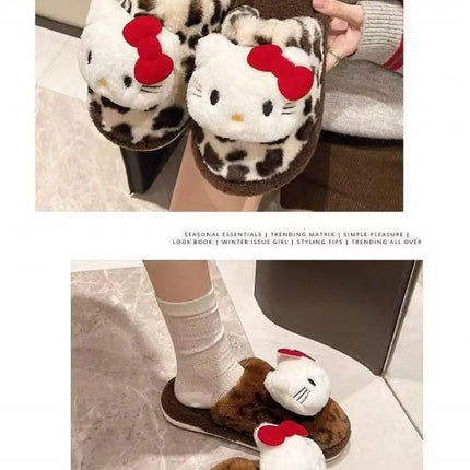 Women Cute Cartoon Cat Leopard Print Plush Slippers Warm Fuzzy Non-Slip Soft Sole Winter Indoor Bedroom Cozy House Home Shoes