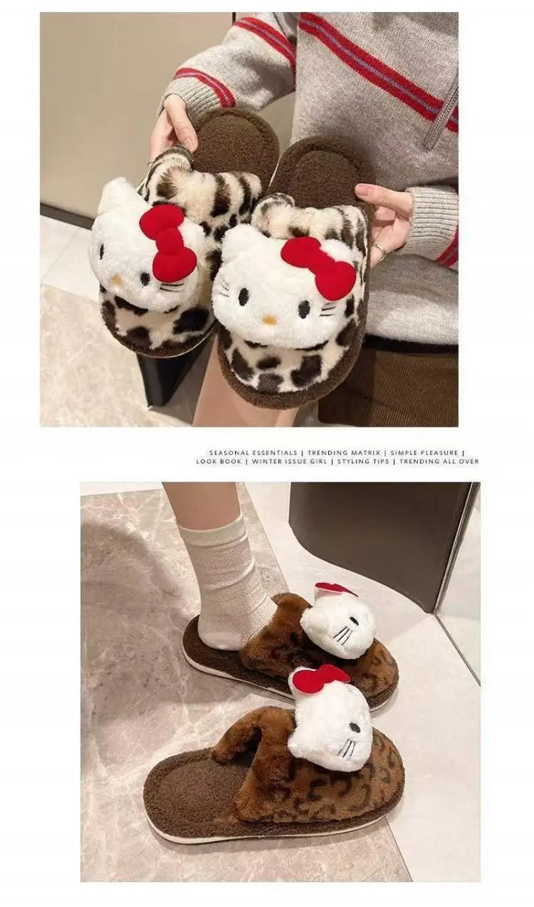 Women Cute Cartoon Cat Leopard Print Plush Slippers Warm Fuzzy Non-Slip Soft Sole Winter Indoor Bedroom Cozy House Home Shoes