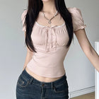 Dolce abbottonatura Top estivo da donna carino aderente contrasto cuciture in pizzo fiocco colletto quadrato T-shirt Y2K magliette coreane