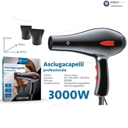 Professional Hair Dryer 3000W High Power Blow Dryer with Adjustable Temperature & Speed Settings, Cool Air Function, Ionic Technology, Fast Drying Styling Tool with Concentrator Nozzles for Home Salon Use
