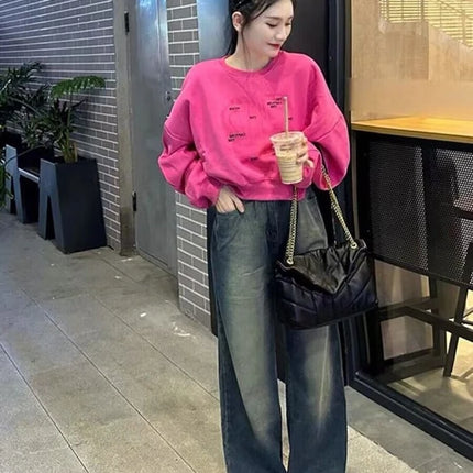 Women Letter Print Sweatshirt Hot Pink Batwing Sleeve Cropped Hoodie Loose Pullover Cute Fall Winter Streetwear 2026 New