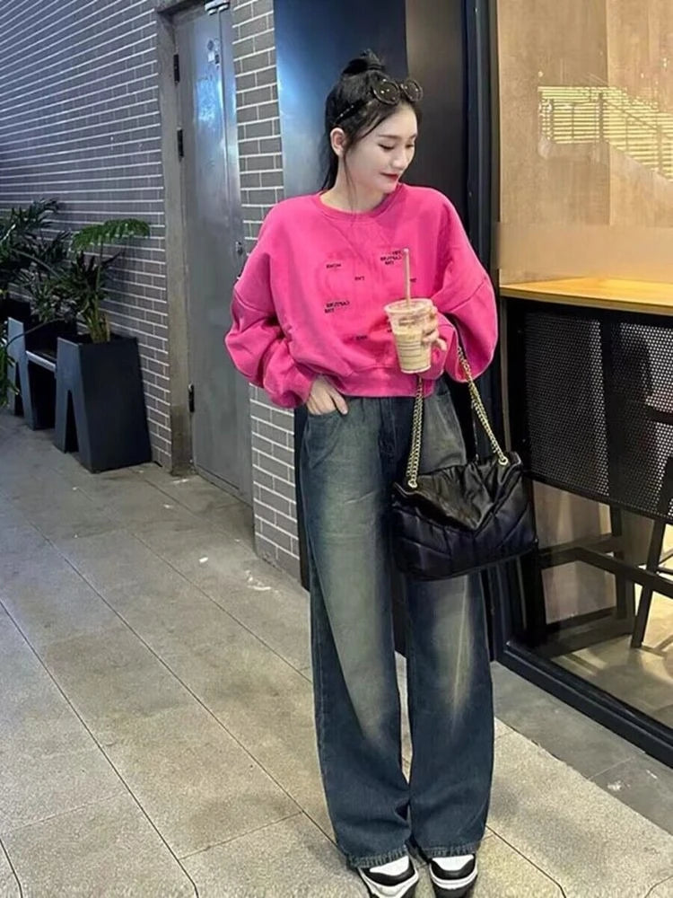 Women Letter Print Sweatshirt Hot Pink Batwing Sleeve Cropped Hoodie Loose Pullover Cute Fall Winter Streetwear 2026 New