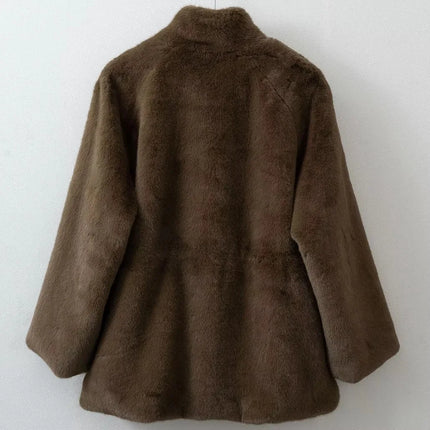 Women's Brown Plush Faux Fur Coat Funnel Neck Drawstring Waist Mid-Length Thick Winter Warm Elegant Luxe Chic Outerwear