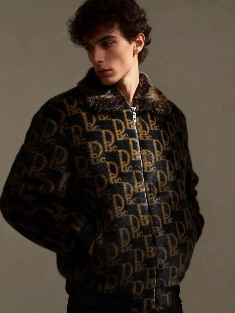 Winter Men's Lapel Imitation Fur Letter Print Warm Jacket