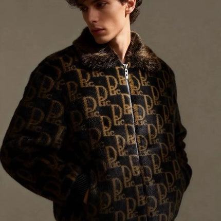 Winter Men's Lapel Imitation Fur Letter Print Warm Jacket